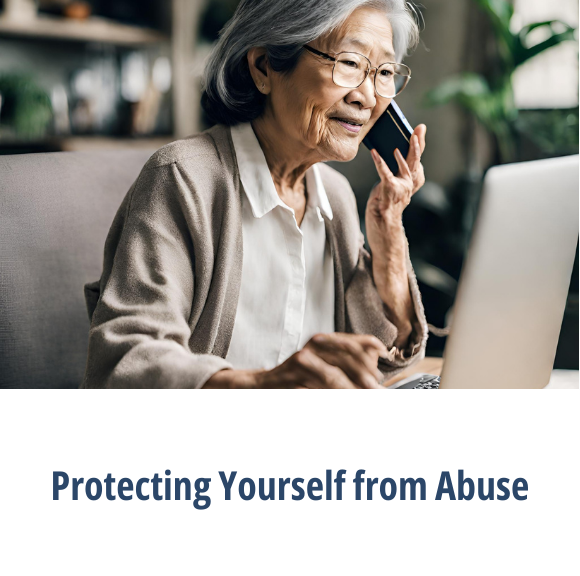 A patient looking at a laptop screen while talking on the phone and the Protecting Yourself from Abuse button.